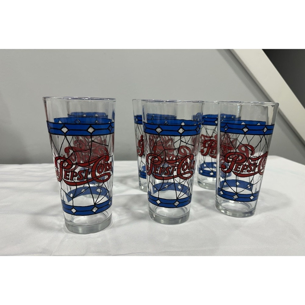 Set of 6 Vintage Pepsi Cola Glass 1970's Tiffany‎ Style-Stained Glass 16 oz. - Picture 6 of 6